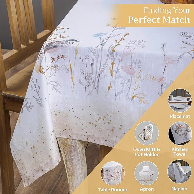 Maison d' Hermine Table Cloth Square Table 100% Cotton 60 x 60 Inches Tablecloth Reusable Decorative for Dining Room, Farmhouse, Home, Party, Festive & Wedding Spring Summer - Meadow Florals - Beige