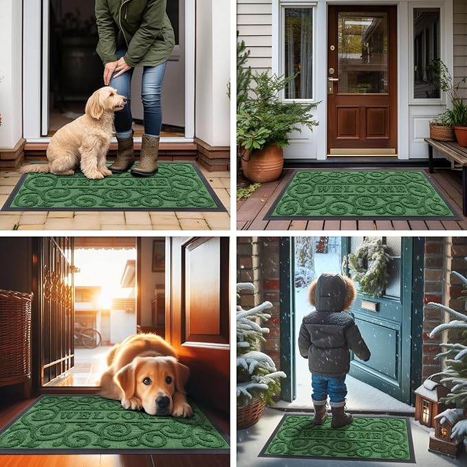 Smiry Welcome Door Mat Outside Entrance, Heavy Duty Trap Dirt and Moisture Easy Clean Low Profile Patio Porch Indoor Outdoor Front Doormat for Entry, 36x24 Inch, Green