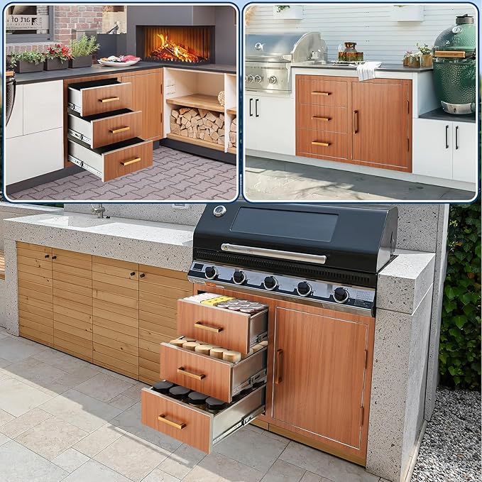 Stainless Steel Outdoor Kitchen Door Drawer Combo 38.2" W x 20.5" H x 22.6" D - Triple Drawers & Access Door, Propane Storage & Adjustable Garbage Ring, Weather-Resistant Flush Mount