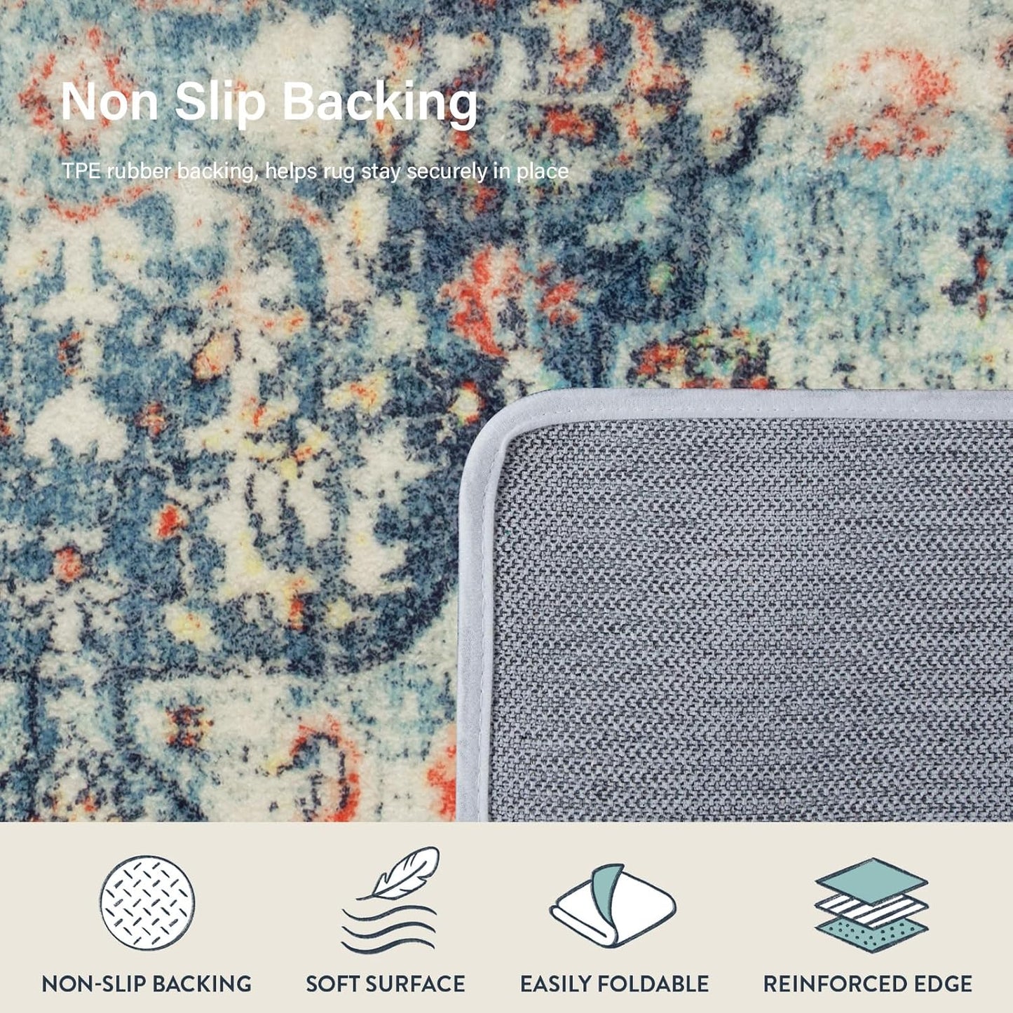 Lahome Bohemian Floral Medallion Area Rug - 2x3 Vintage Teal Distressed Small Entryway Rug Turkish Doormat Faux Wool Non-Slip Washable Low-Pile Carpet for Bathroom Kitchen Laundry Room Decor