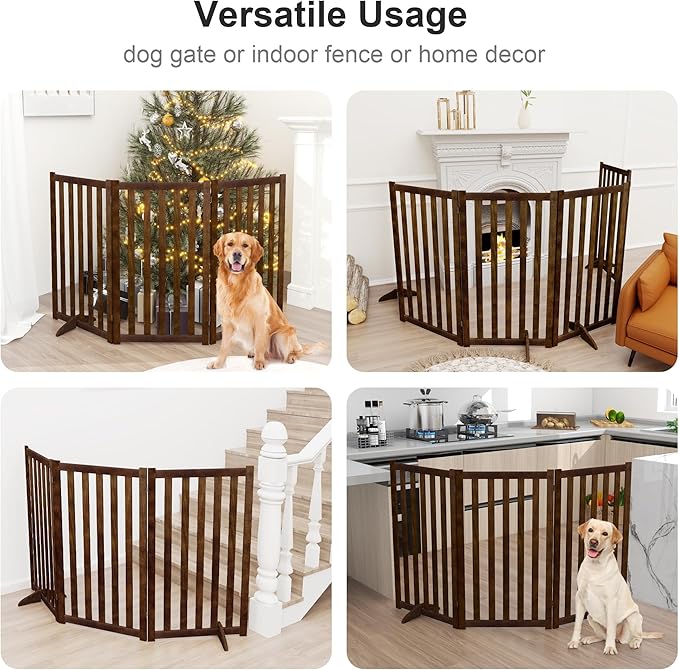 36" Height Extra Tall Freestanding Pet Gate, Solid Wood Folding Safety Fence Wooden Dog Gate with 2 PCs Support Feet Ideal for Stairs, Doorways, Halls, Kitchens, Heavy Duty Gates, 3 Panels, Walnut