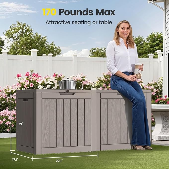 Zapdos Outdoor Storage Box, 31 Gallon Deck Box Indoor and Outdoor Use, Waterproof Resin Storage Bin for Package Delivery Patio Cushions Gardening Tools, Lockable, UV Resistant, Grey