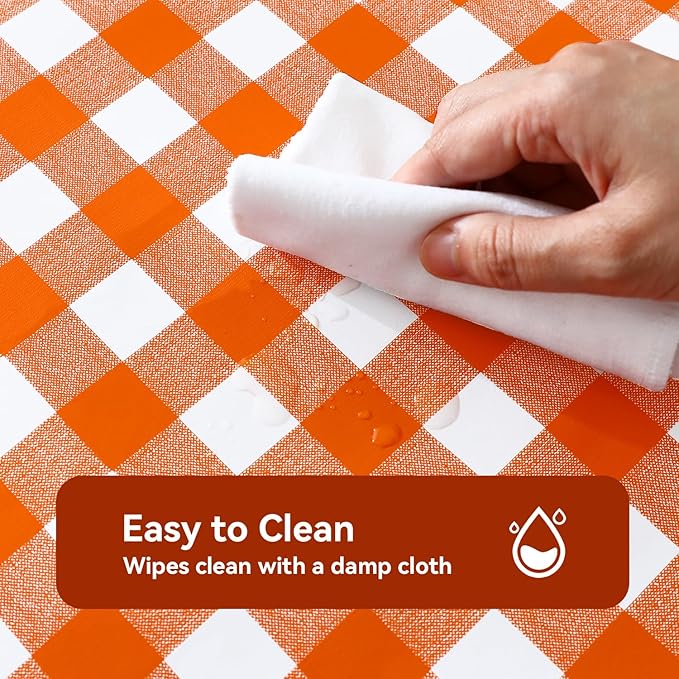 Romanstile Rectangle Vinyl Tablecloth, 100% Waterproof Buffalo Gingham Plastic Table Cloth, Heavy Duty Wipeable Checkered Table Covers for Outdoor, Camping, Picnic, Patio - 54 x 78, Orange and White