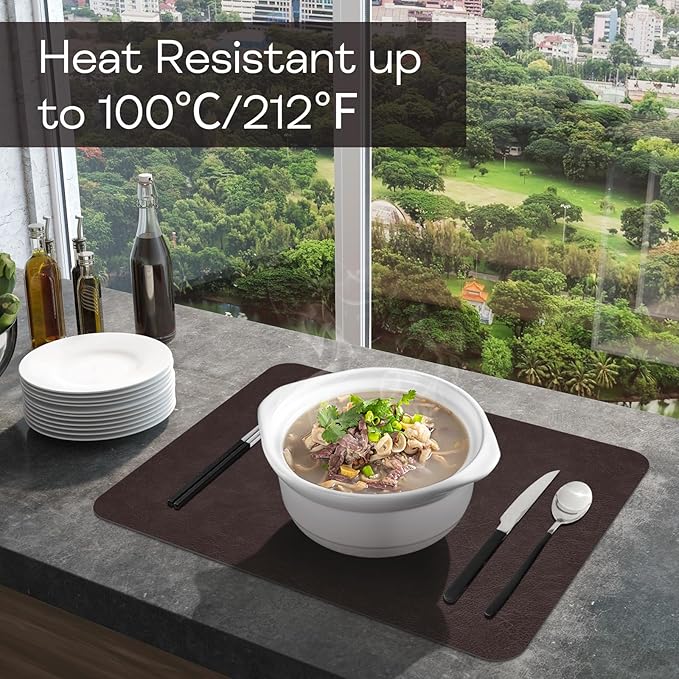 Faux Leather Placemats Set of 6 Table Mats Heat Resistant Reversible Place Mats, Waterproof Wipeable Dining Table Place mats for Home Party Outdoor, 15.8 x 11.8 inches (Choco Brown/Black)