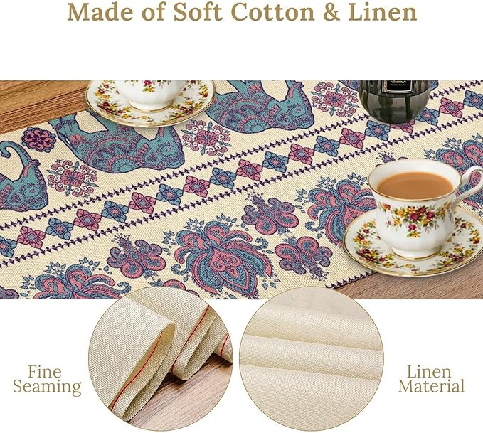 Boho Elephant Table Runner, Rustic African Tribe Animal Damask Diwali India Mandala Art Print Purple Coffee Table Center Decor for Home Kitchen Holiday Party Outdoor Table Decorations, 13"x90"