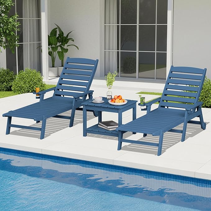 SERWALL Outdoor Lounge Chairs Set with Side Table, HDPE Patio Chaise Lounge All Weather Outdoor Lounger Set of 3 for Pool, Deck, Blue