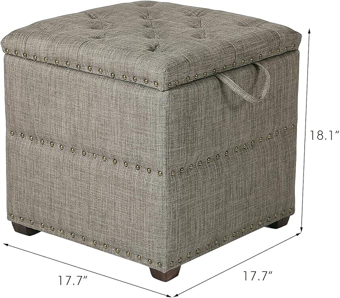 Adeco 18 Inch High Cube Ottoman Storage, Linen Grey Chair Foot Stools with Tray, Upholstered Vanity Stool