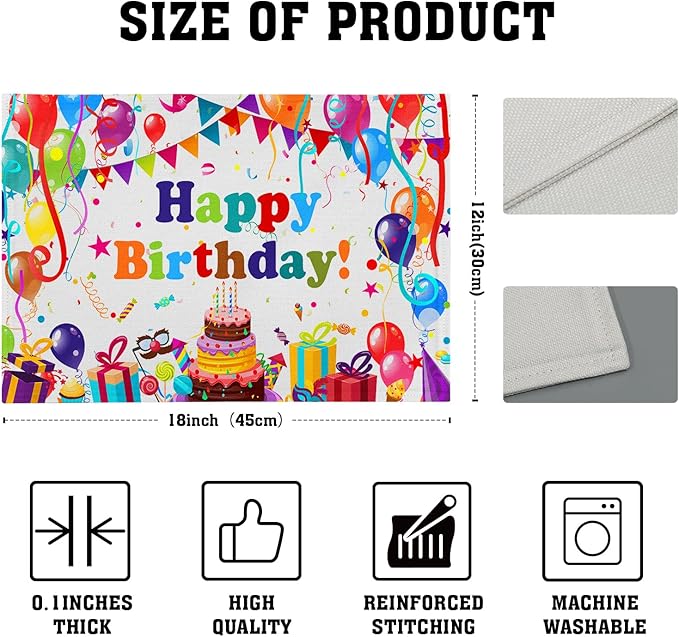 Giwawa Happy Birthday Placemats, Bithday Cake Gifts Decorative Table Mat Set of 4, Colored Flags Balloons Confetti Place Mats 12"x18" for Kitchen Dining Party, Heat Resistant Washable Non-Slip