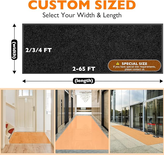 Custom Size Extra Large Front Door Mat, 2FT x 32FT Indoor Outdoor Entrance Commercial Floor Mat, Heavy Duty Dirt Trapper Doormat for Entryway Welcome Mat, Low Profile, Non-Slip, Waterproof