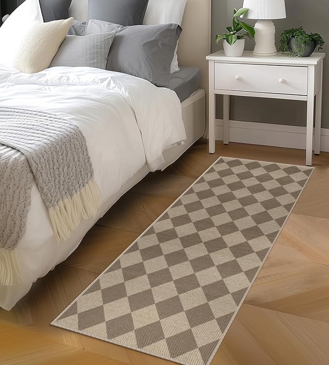 Easy Jute Checkered Runner Rug, 2x6 Brown Modern Washable Rugs Runner for Hallway Non-Slip Long Kitchen Rug, Geometric Diamond Indoor Outdoor Carpet for Porch Laundry Entryway