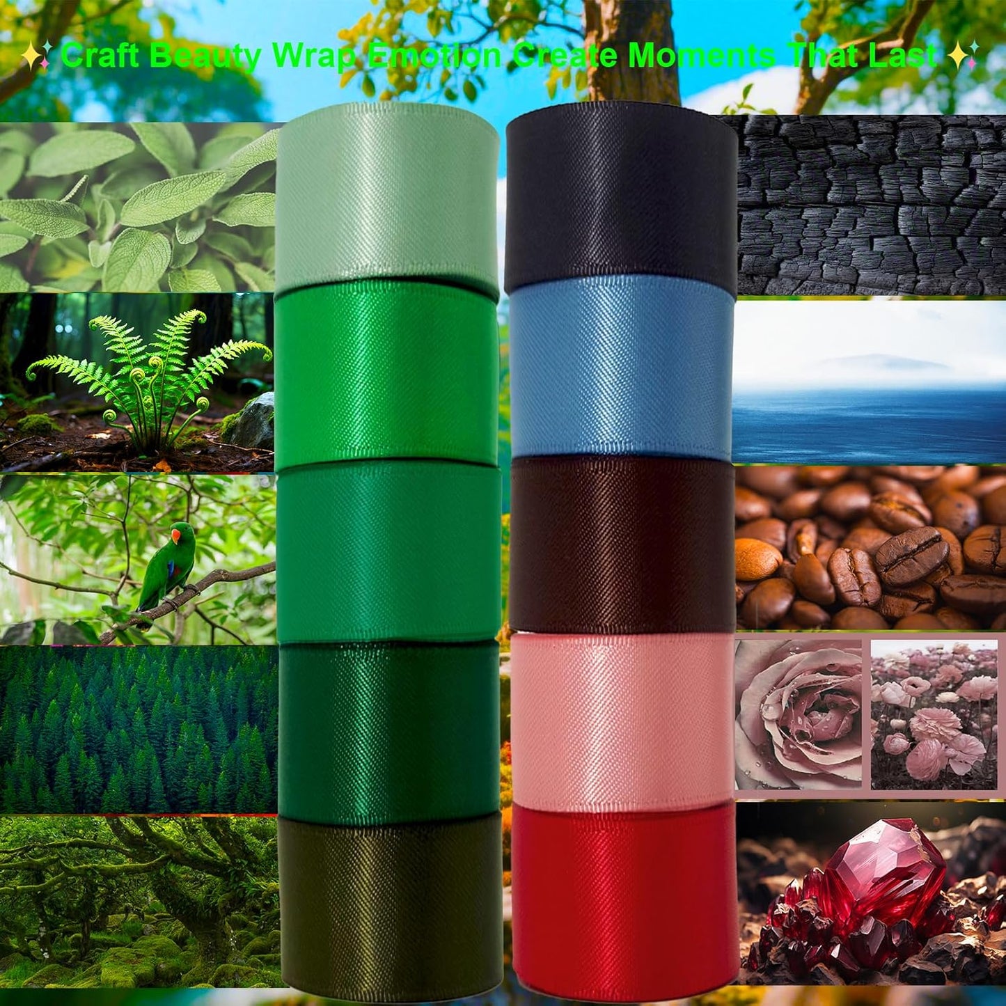 1-1/2 Inch Double Faced Satin Ribbon Set, 50 Yards Pack, Into The Forest-10 Colored Green Ribbon Bulk for Gift Wrapping, Crafts, Flower Bouquet, Eco Environment, Earthy Day, Forest Wedding