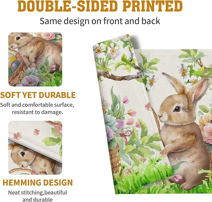 Easter Rabbit Placemats Set of 4 Spring Easter Egg Bunny Flowers Floral Place Mat 12x18 Inch Seasonal Farmhouse Linen Fabric Table Mats for Kitchen Dining Outdoor Indoor Easter Party Decoration