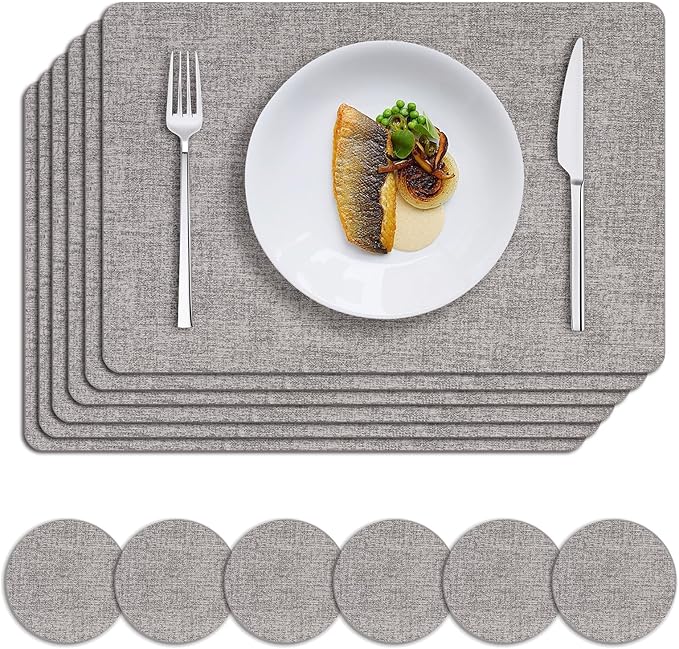 MOSAYT Faux Leather Placemats Set of 6, Heat Resistant Wipeable Washable Vinyl Place Mats with Coasters, Waterproof Oil Proof Table Mats for Kitchen Dining Party Outdoor, 12" x 17", Light Grey