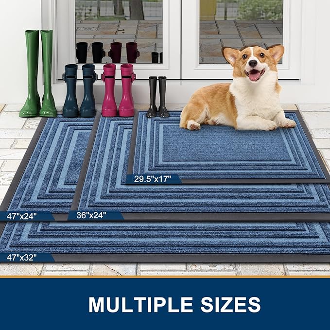 Buganda Front Door Mat Indoor Outdoor Entrance, Non-Slip Natural Rubber Doormats, Easy Clean, Low Profile, Dirt Trapper Entryway Floor Mats for Outside, Garages and Patios, 47x32, Light Blue
