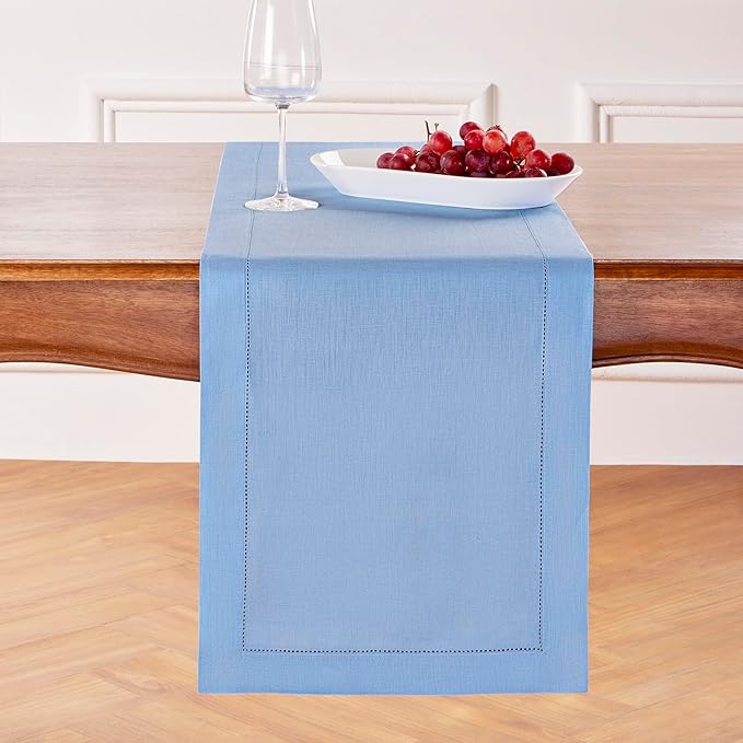 Solino Home Linen Cornflower Blue Table Runner 120 Inches Long - 100% Pure Linen Hemstitch 14 x 120 Inch Table Runner for Dining, Spring, Easter - Classic Hemstitch