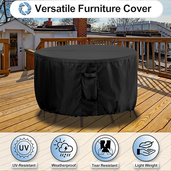 OutdoorLines Outdoor Waterproof Patio Table Furniture Set Covers - Round Couch Sectional Cover Outside Weatherproof Patio Furniture Covering for Deck, Lawn and Backyard 62" Dia x 28" H, Black
