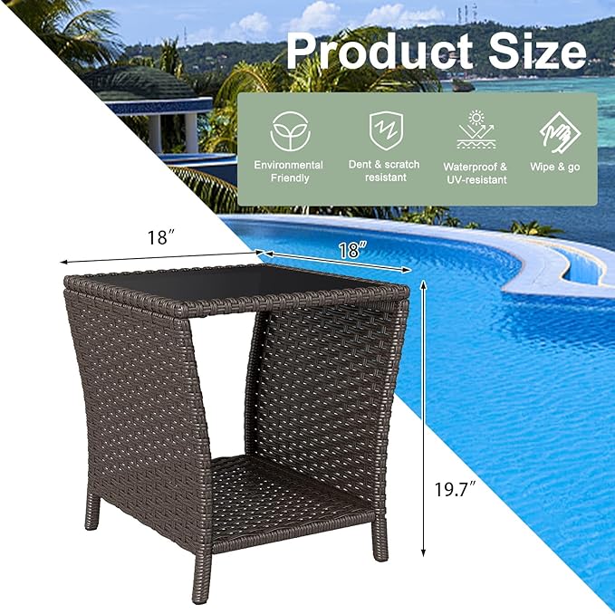 kinbor Outdoor Wicker Side Table - Tempered Glass Top Small Outdoor Table with Storage Shelf for Patio, Balcony & Porch, Durable PE Rattan & Iron Frame