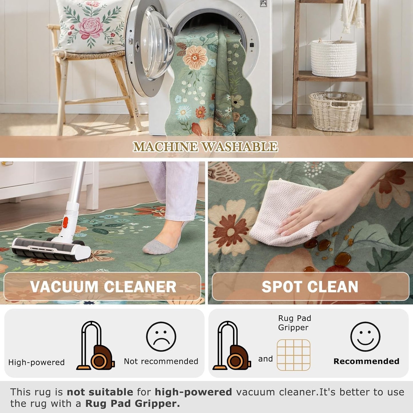 Beeiva Washable Rugs 5x7 - Scalloped Floral Printed Soft Non Slip Green Rug for Bedroom Under Bed Boho Living Room Rugs Ultra-Thin Low Pile Carpet for Playroom Dining Room Dorm(Green,5x7ft)