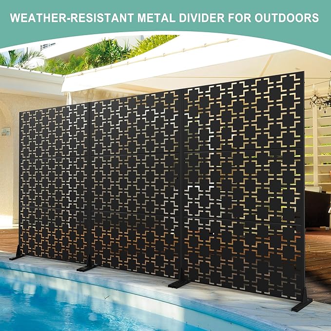 Metal Privacy Screen for Outdoor & Indoor Use, Free Standing Privacy Screen for Patio Garden Pool, 72" H x 47" W Decoative Privacy Panels, Weather Resistant, Easy Assembly (Black Square Floral)