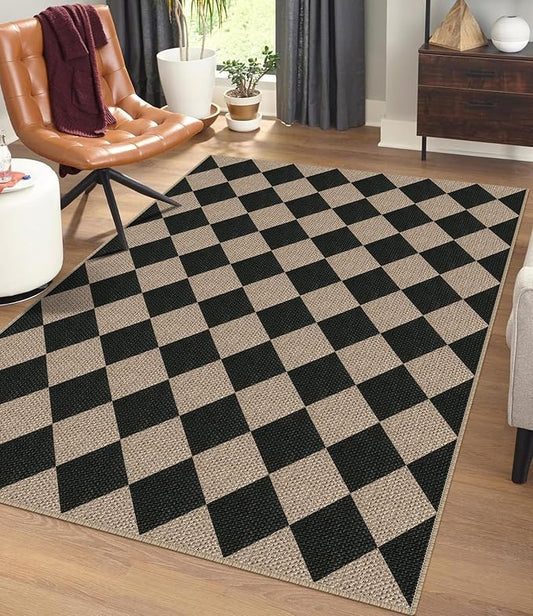 Easy Jute Checkered Area Rug, 4x6 Black Modern Washable Rugs for Living Room Non-Slip Low Pile Entryway Mat, Farmhouse Diamond Indoor Outdoor Carpet for Kitchen Backyard Bedroom Office