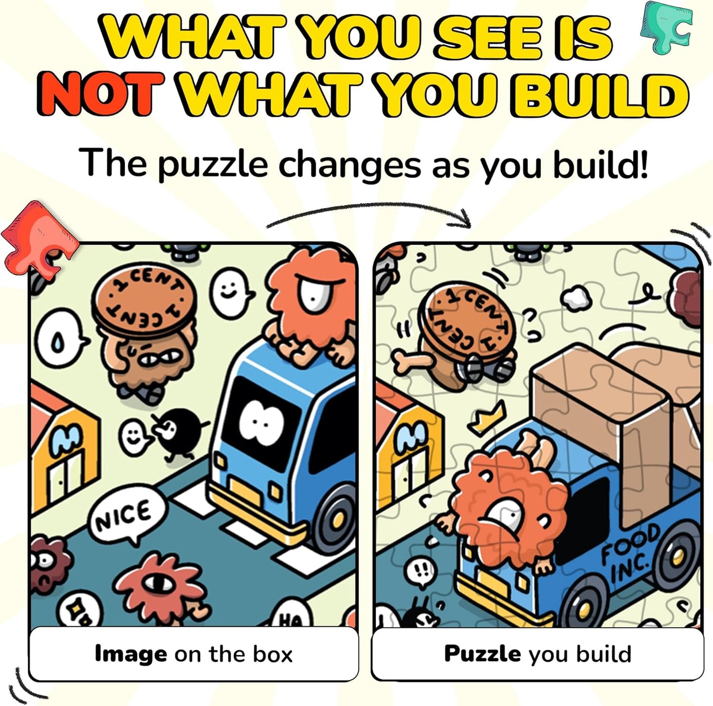 Odd Pieces Jigsaw Puzzles 1000 Pieces - Magic Mystery Story Secret Ending Puzzle - Perfect Game Night for Adults & Kids - Cartoon City Building Theme Sci-Fi (Turbo 3000)