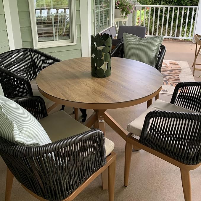 PURPLE LEAF 5 Pieces Round Outdoor Dining Set Patio Table and Chairs Set Aluminum Wicker Rattan Patio Furniture Set for Lawn Garden Porch Brown
