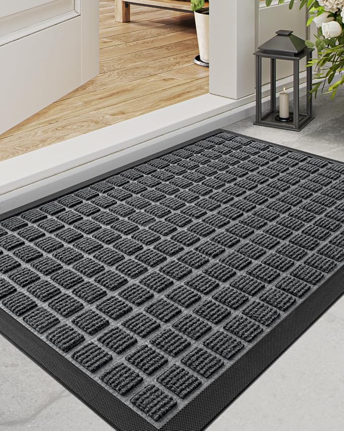 DEXI Front Door Mat Outside Entrance, 17x29 Rubber Entry Doormat Heavy Duty, Welcome Mats Non Slip for Inside House Floor Entryway Double Doors Exterior Patio, Checkered Grey
