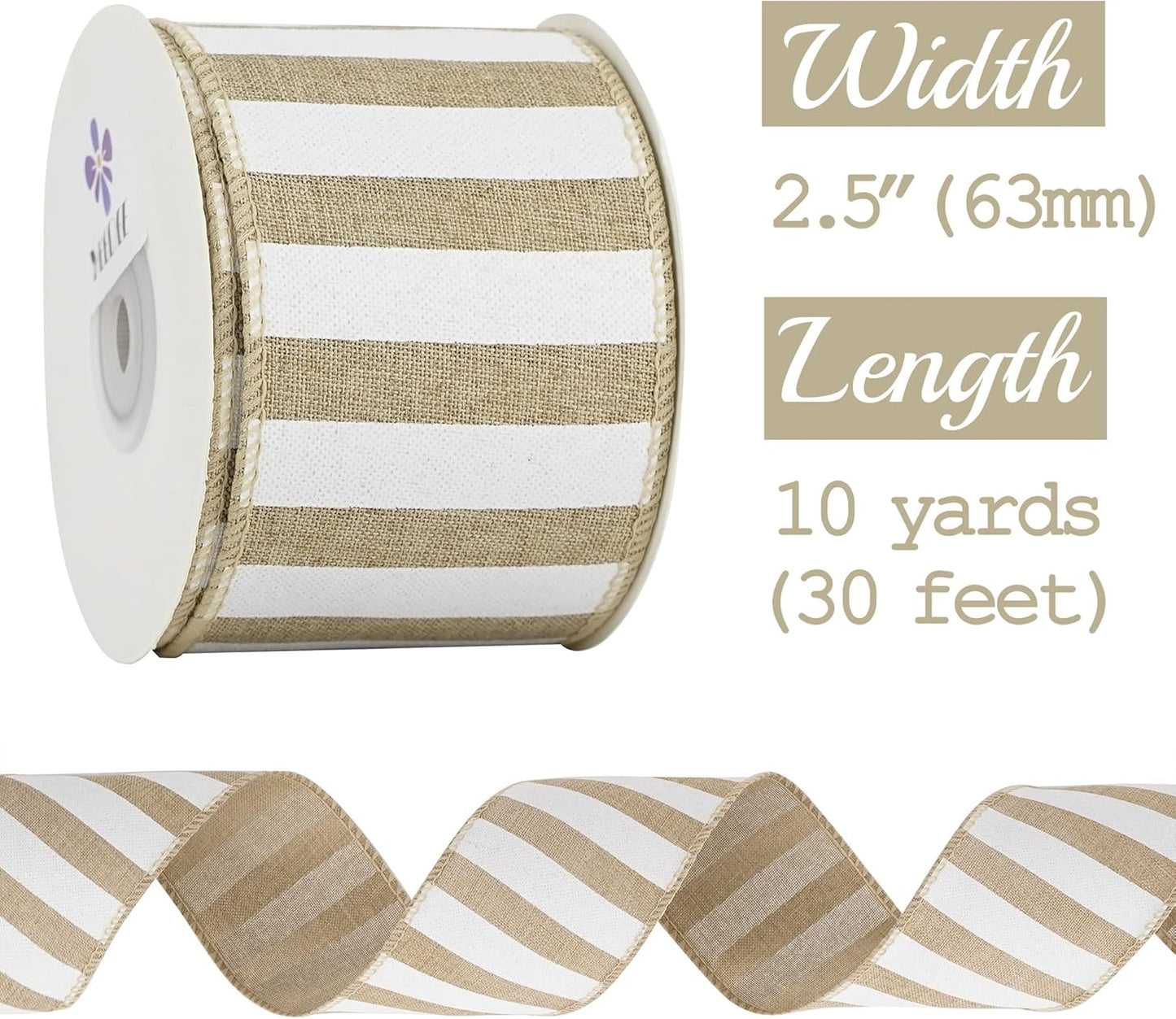 MEEDEE Burlap Ribbon with White Stripe Burlap Ribbon 2.5 Inch Wired Ribbon for Cakes Gift Basket Bow Wreath Ribbon for Rustic Front Door Wreath Baby Shower Beach Party Farmhouse Decor, 10 Yards