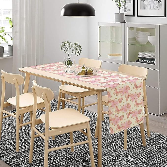 Watercolor Butterfly Table Runner, Cute Pink Butterfly Spring Modern Aesthetics Print Table Runner for Holiday Kitchen Dining Outdoor Home Party 13x60in