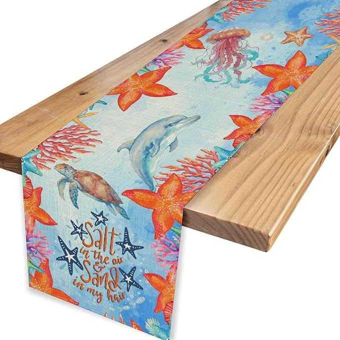 Summer Ocean Table Runner, Blue Sea Coastal Nautical Starfish Turtle Dolphin Seashell Undersea Table Runner Seasonal Holiday Home Kitchen Dining Table for Home Party Decor 13"x108"
