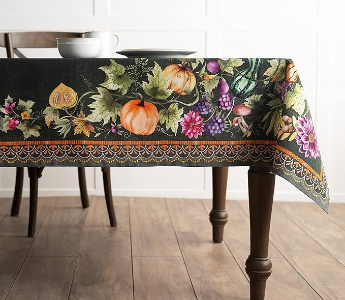 Maison d' Hermine Table Cloth Square Table 100% Cotton 60 x 60 Inches Fall Tablecloth Reusable Everyday Use for Thanksgiving Christmas Decorations Dining Farmhouse Party (Pumpkin Garden - Dark Green)
