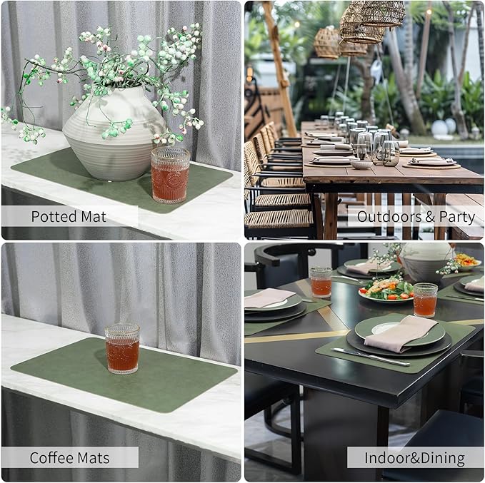Cowhide Pattern Faux Leather Placemats Set of 6,Heat Resistant Non-Slip Waterproof Wipeable Washable Kitchen Dining PU Table Place Mats,Double-Sides Available,Green Brown