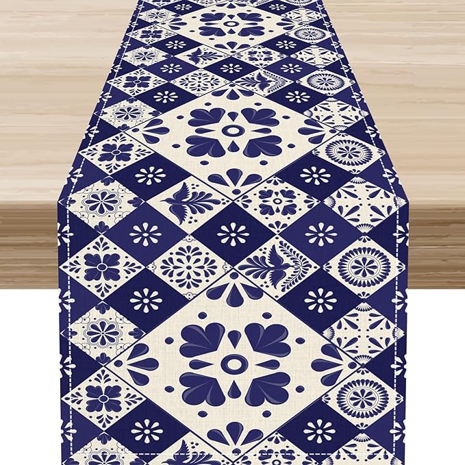 Mexican Table Runner, Blue Floral Birds Mexico Talavera Ceramic Dia De Los Muertos Coffee Table Center Decor for Family Home Kitchen and Dining Farmhouse Indoor Outdoor Table Decorations, 13" X 90"