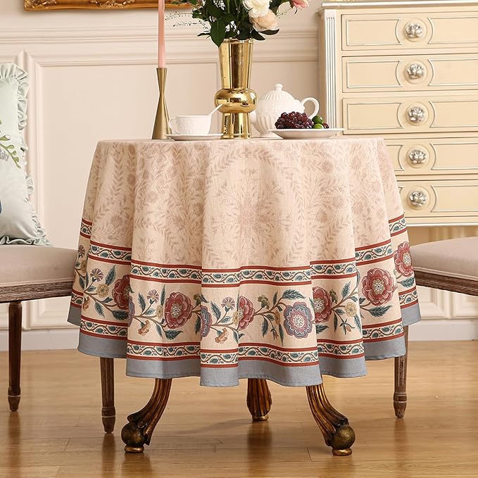 Designer Floral Linen Round Tablecloth,Vintage Indian Wrinkle Resistant Tablecloths,Decor Table Cover for Kitchen,Dining,Tea Party,Thanksgiving,Christmas,Diameter 67"-Flowershadow E