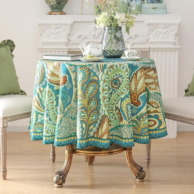 Linen 67 Inch Round Tablecloth,Wrinkle Resistant French Green Tablecloth Print with Froal,Decor Stitch Table Cloth for Thanksgiving,Dining Room,Home,Kitchen Diameter 67"-Milen