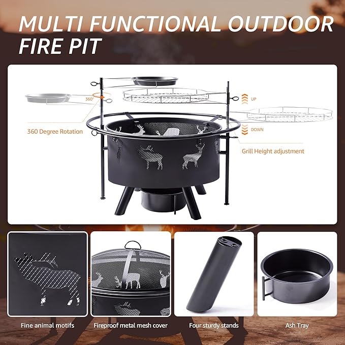 NATURAL EXPRESSIONS 32 Inch Outdoor Fire Pit, Wood Burning Fire Pits with 2 Grills, Poker, Brushes, Ash Pan, Mesh Cover, Waterproof Cover, Charcoal Fire Pit for BBQ, Patio, Bonfire, Heat&Cook
