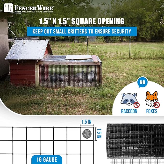 Fencer Wire 16 Gauge Hardware Cloth, Black Vinyl Coated Welded Wire Mesh, Chicken Coop Wire Fence, 1.5 inch x 1.5 inch Grid (2 ft. x 100 ft.)