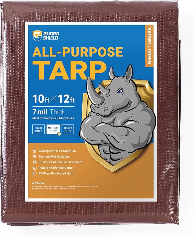 GUARD SHIELD Brown/Green Tarp 10x12 Feet Medium Duty Outdoor Waterproof Multi Purpose Poly Tarps Cover 7mil