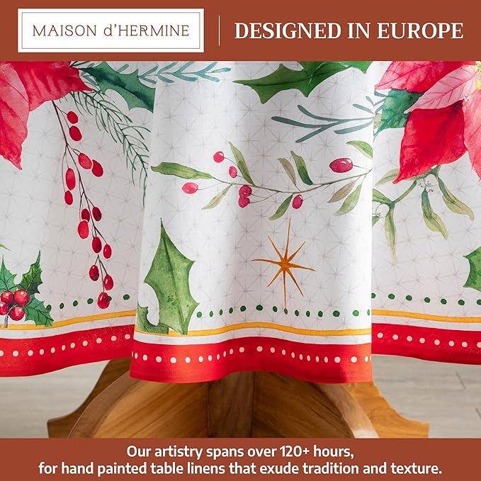 Maison d' Hermine Table Cloth Round Table 100% Cotton 69 Inches Fall Tablecloth Reusable Everyday Use for Thanksgiving Christmas Decorations Dining Farmhouse Party (Poinsettia Christmas)