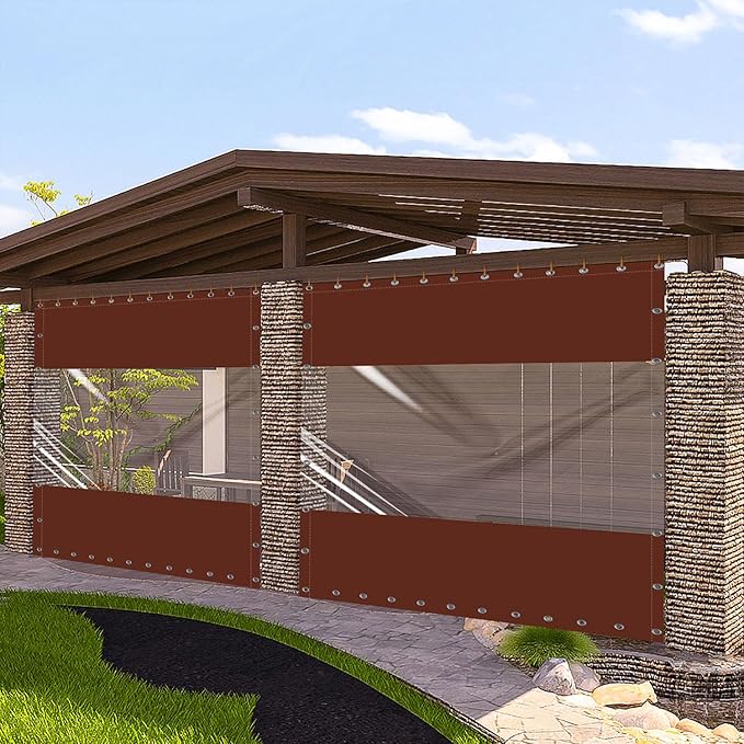 20 Oz Outdoor Vinyl Curtain, Outdoor Clear Panel Curtain, Weather Resistant Outdoor Curtain for Pergola, Porch, Gazebos, with Rustproof Grommets (8'H x 7'W, Brown)