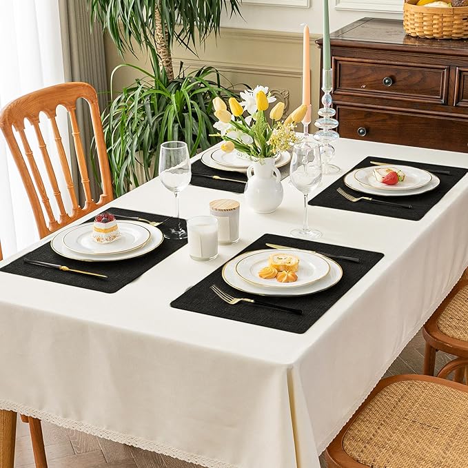 Romanstile Vinyl Placemats Set of 6-12 X 17 Inch - Heat Resistant Place Mats 100% Waterproof Oilproof Wipeable Reversible Faux Leather Table Mats for Kitchen, Dining, Party, Outdoor, Black