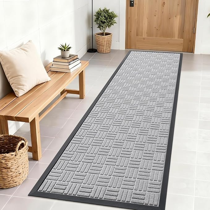 OLANLY Front Door Mat Outside Entrance 71x23, Absorbent, Heavy Duty Sturdy Natural Rubber Doormat Indoor Outdoor, Non-Slip, Stain and Fade Resistant, Low Profile Floor Mat for Entryway, Light Gray