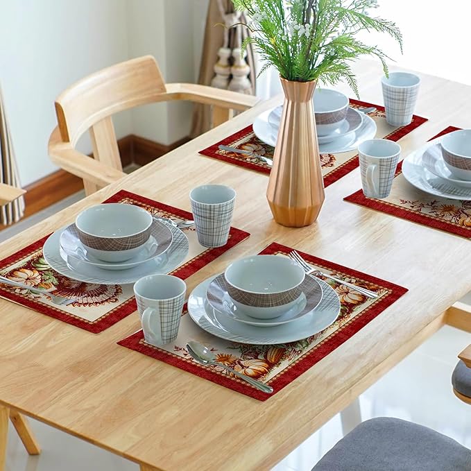 Giwawa 4PCs Thanksgiving Placemats 12x18 Inch Fall Harvest Turkey Autumn Pumpkin Sunflowers Corn Place Mat Non Slip Heat Resistant Table Mats for Kitchen Dining Tabletop Holiday Farmhouse Decor