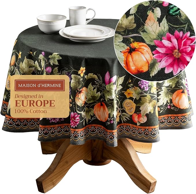 Maison d' Hermine Table Cloth Round Table 100% Cotton 63 Inches Fall Tablecloth Reusable Everyday Use for Thanksgiving Christmas Decorations Dining Farmhouse Party (Pumpkin Garden - Dark Green)