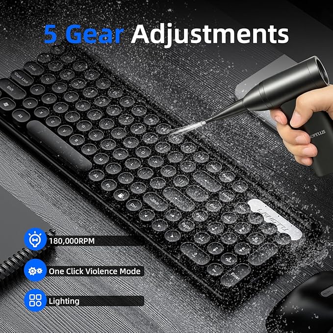 Electric Compressed Air Duster Mini Blower Cordless with Mini Vacuum Lighting 180,000 RPM Cleaner 5 Speed Handheld 3 in 1 USB-C for Computers Keyboards Electronics Home Car BBQ Grill
