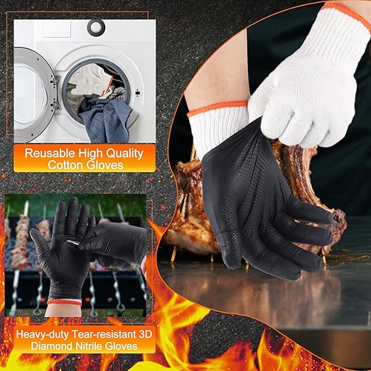 BBQ Gloves for Grilling Disposable Heat Resistant - 100 Nitrile Gloves + 4 Reusable Cotton Liners for Barbecue Smoker, Cooking Hot Meat - 10Mil Thick, Non-Slip Grip - Black Large