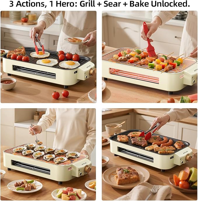 AORAN Indoor Grills Electric Smokeless – Versatile Smokeless Indoor Grill for Home Cooking, Featuring Indoor Grills Electric Smokeless, Skillet Griddle, and Kitchen Griddle White
