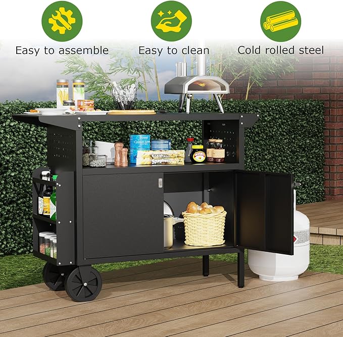Outdoor Grill Table,Metal Grill Cart with Storage,Outdoor Bar Cart with Extension Plnel for Kitchen Prep,Patio BBQ