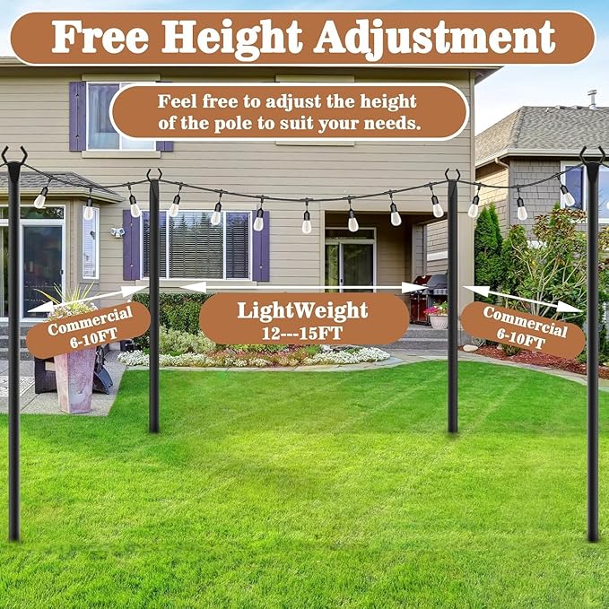 2 Pack String Light Poles,Metal Poles for Hanging Outdoor Light Strings,2 Pack 10 FT Light Poles Stand for Outside Garden,Patio,Wedding,Backyard,Deck,Party