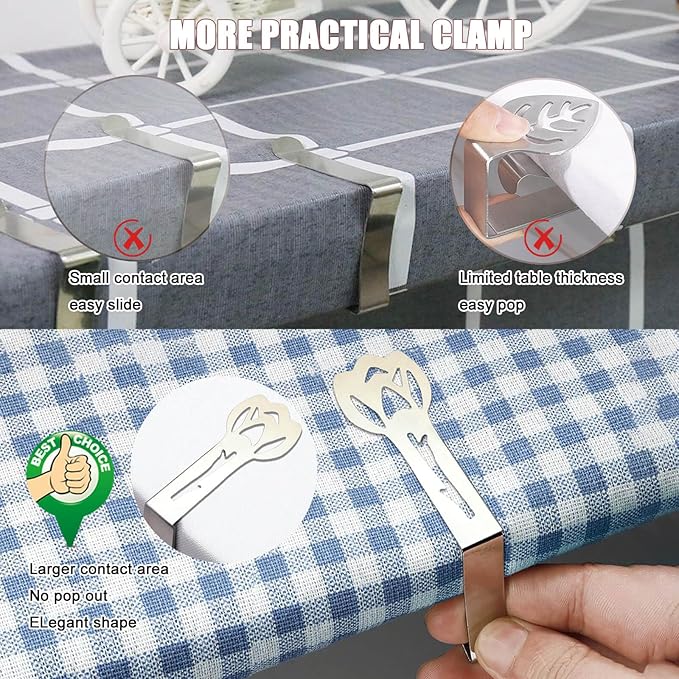 CUNGLIN Tablecloth Clips for Outdoor Tables, Tulip Shape Picnic Table Cloth Holder Clip Large Thick Stainless Steel Decorative Cover Clamp Pin for Indoor Party Wedding RV Accessories 10 Pack